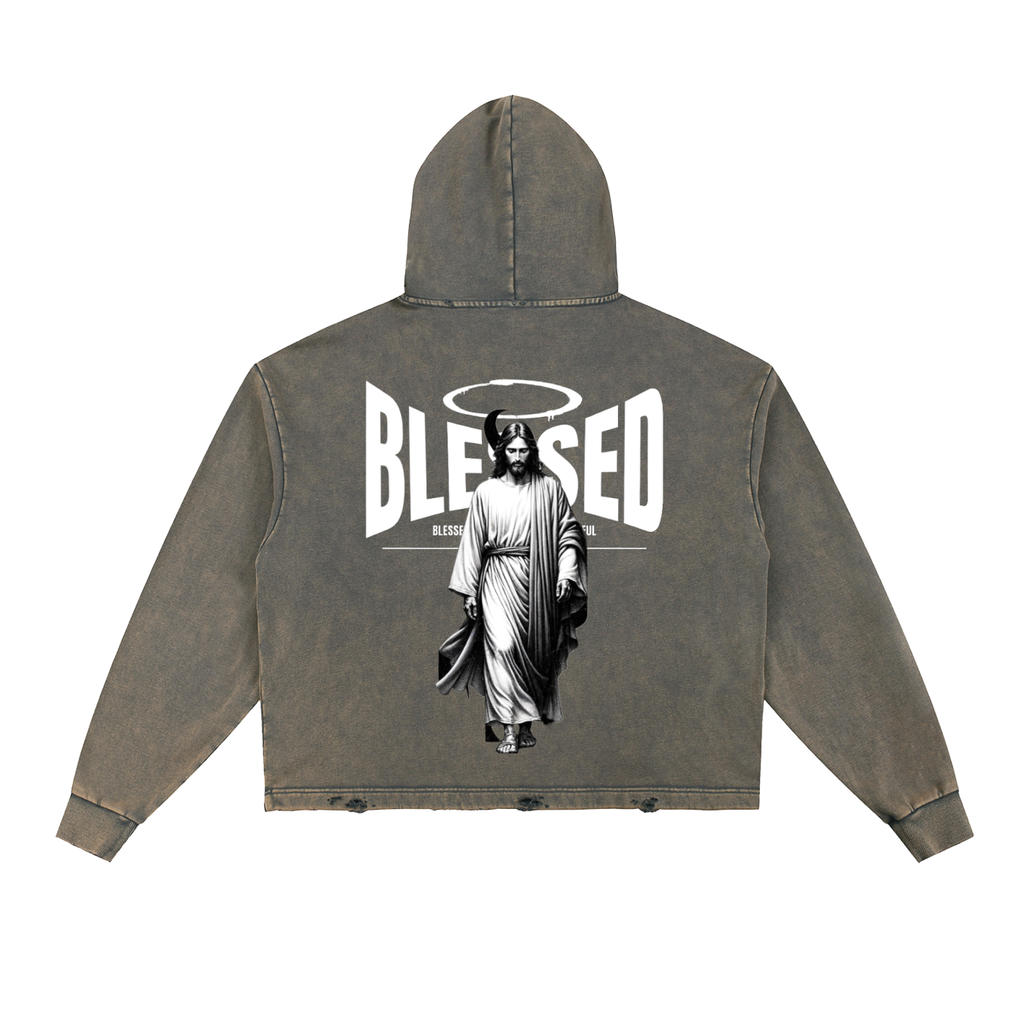 Vintage Washed Frayed-Hem Hoodie ODMPOD
