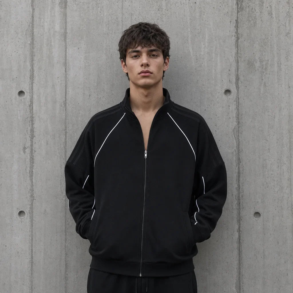 Mannequin portant la veste zippée rayée Voxa - look streetwear