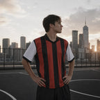 Mannequin portant le maillot de foot noir et blanc Voxa - look sport urbain