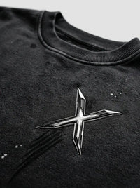 Oversized distressed hoodie — Embroidered Crest and Collar Detail | Generated by Modelize