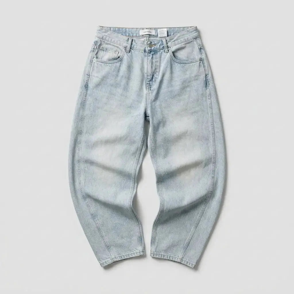 Barrel-cut jeans — Overhead Flat Lay | Generated by Modelize