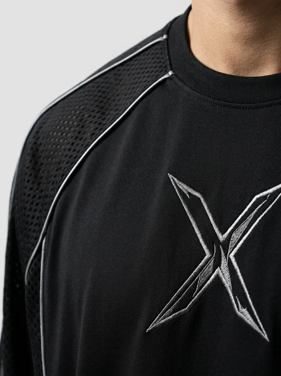 Techwear raglan long-sleeve jersey — Technical Detail Close-up | Generated by Modelize